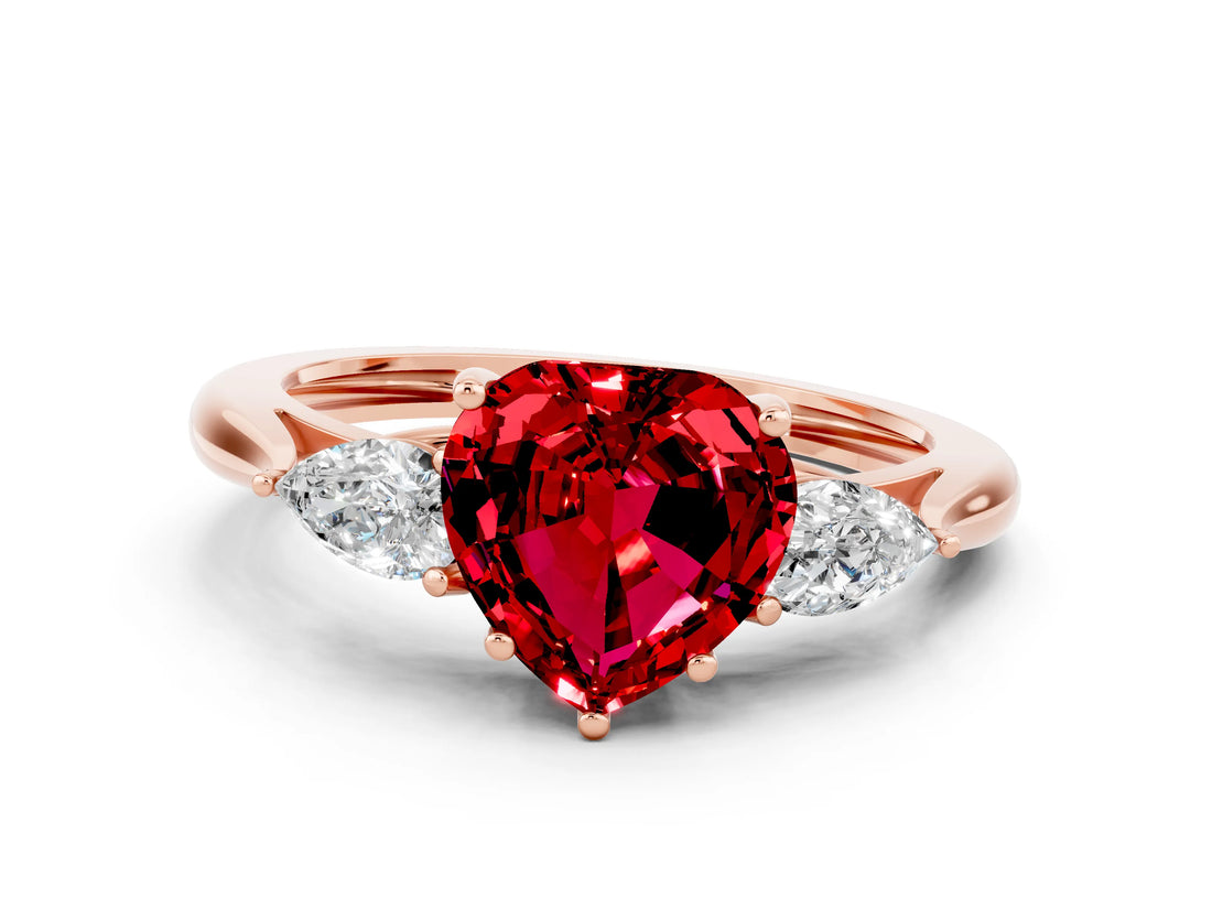 Rose gold Three-Stone Heart Cut Ruby Ring with Pear  Side Stones in Four-Prong Setting_12