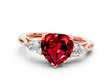 Rose gold Three-Stone Heart Cut Ruby Ring with Pear  Side Stones in Four-Prong Setting_12