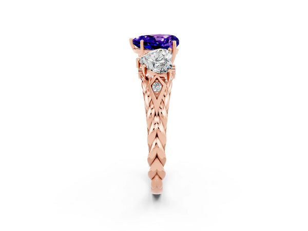 Rose gold Three-Stone Heart Cut Tanzanite Braided Band Ring with Four-Prong Setting