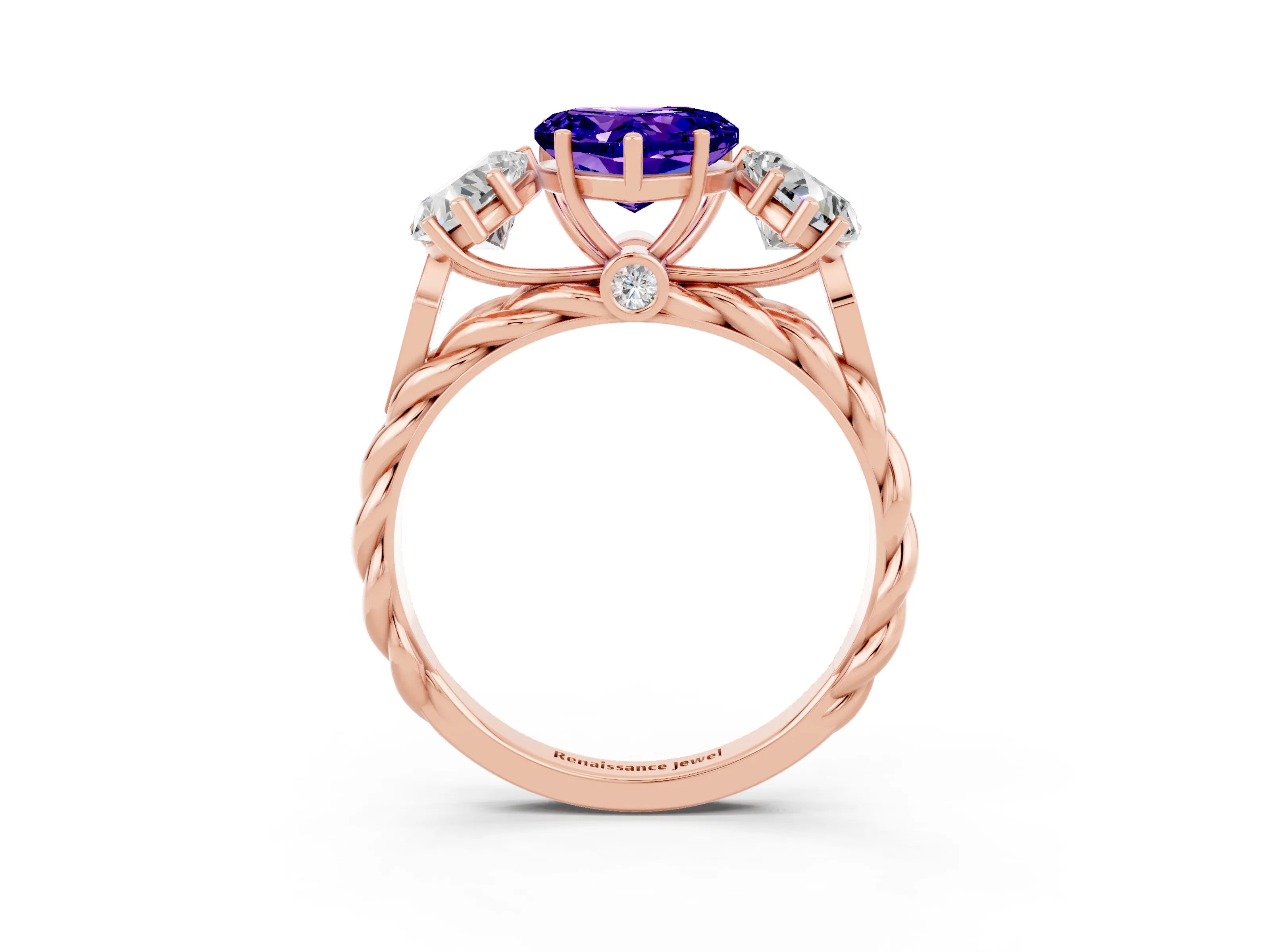 Rose gold Three-Stone Heart Cut Tanzanite Braided Band Ring with Four-Prong Setting_15