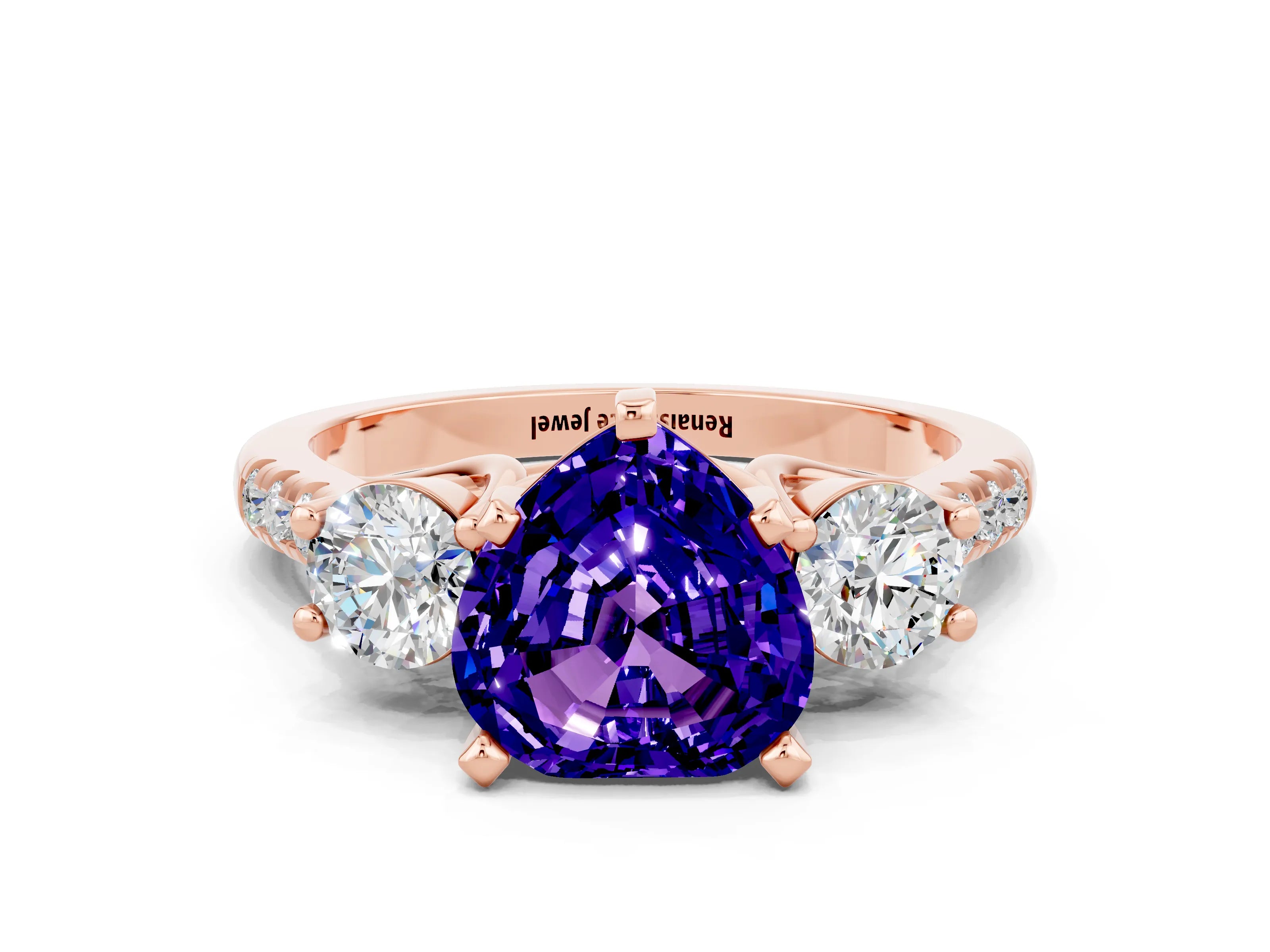 Rose gold Three-Stone Heart Cut Tanzanite Pavé Band with Four-Prong Setting