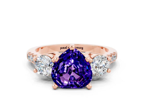 Rose gold Three-Stone Heart Cut Tanzanite Pavé Band with Four-Prong Setting