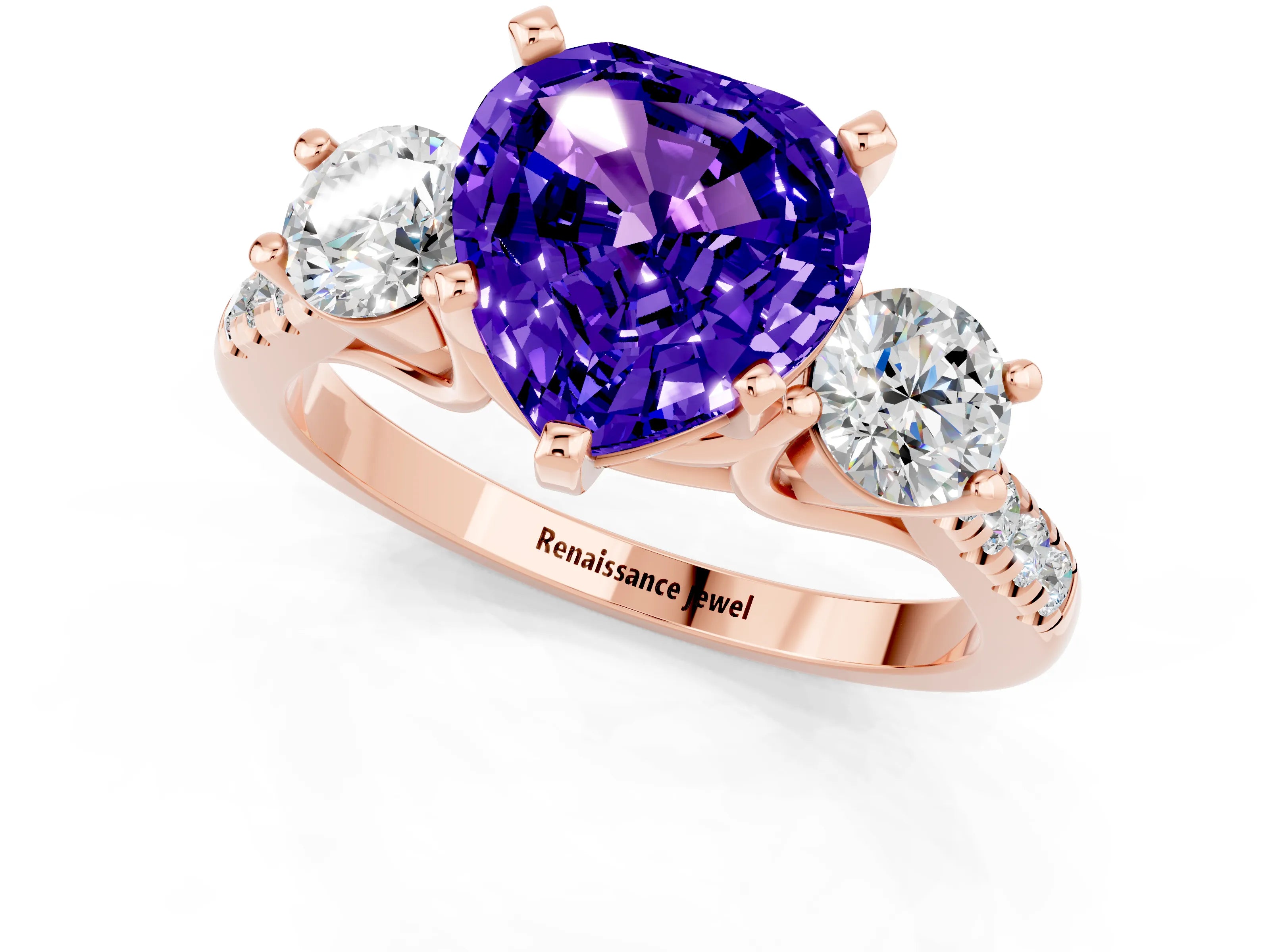 Rose gold Three-Stone Heart Cut Tanzanite Pavé Band with Four-Prong Setting_1