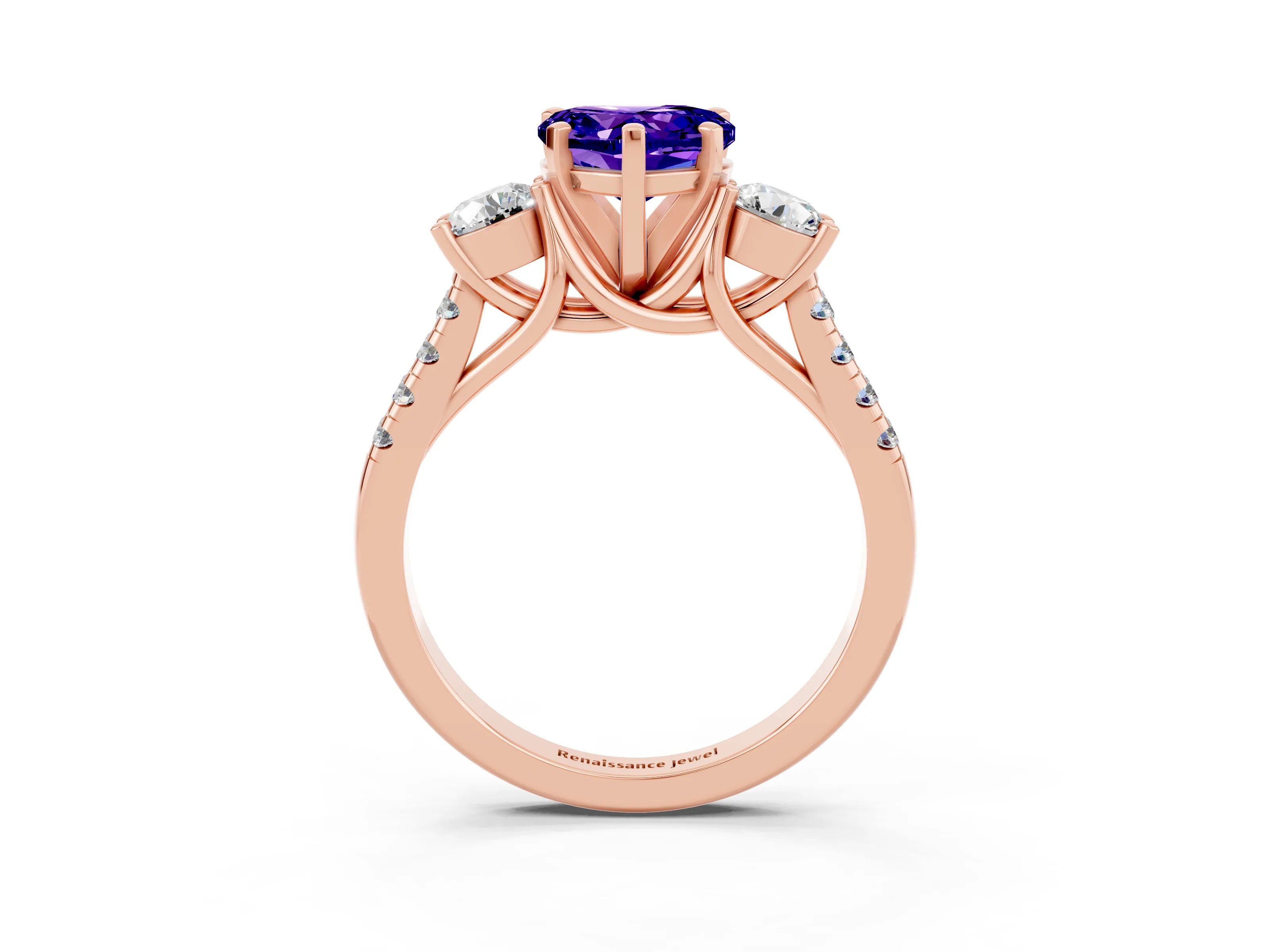 Rose gold Three-Stone Heart Cut Tanzanite Pavé Band with Four-Prong Setting_3