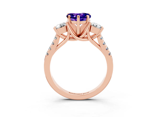 Rose gold Three-Stone Heart Cut Tanzanite Pavé Band with Four-Prong Setting