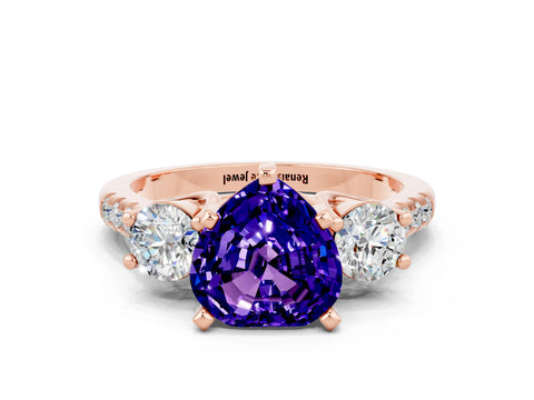 Rose gold Three-Stone Heart Cut Tanzanite Pavé Band with Four-Prong Setting