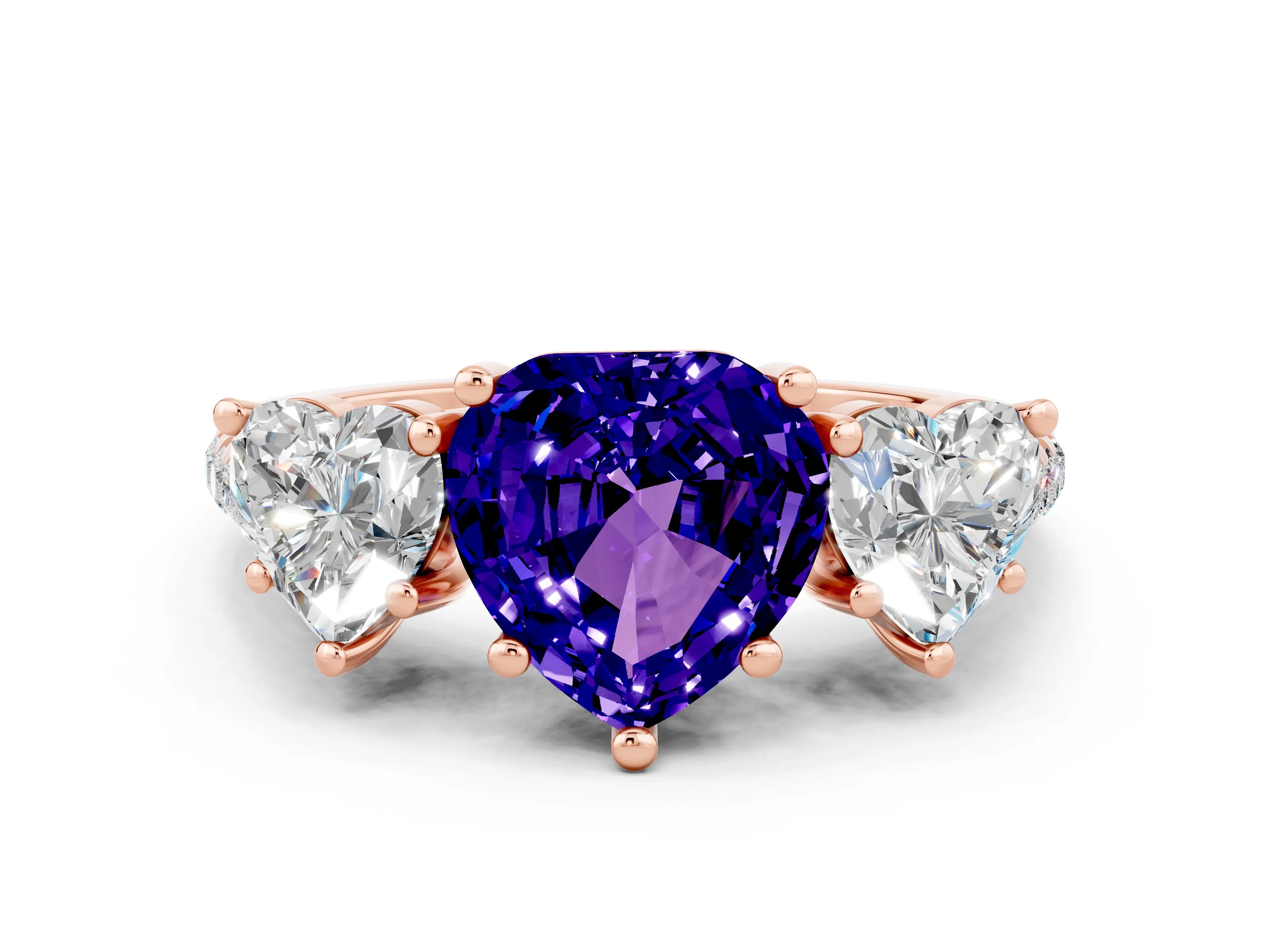 Rose gold Three-Stone Heart Cut Tanzanite Ring with Pavé Band and Prong Setting_12
