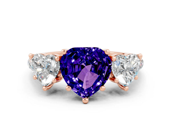Rose gold Three-Stone Heart Cut Tanzanite Ring with Round  Pavé Band and Prong Setting