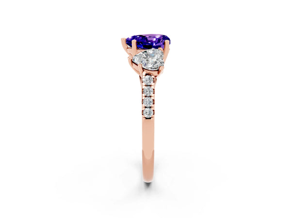 Rose gold Three-Stone Heart Cut Tanzanite Ring with Round  Pavé Band and Prong Setting
