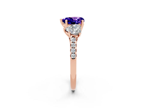Rose gold Three-Stone Heart Cut Tanzanite Ring with Pavé Band and Prong Setting_14
