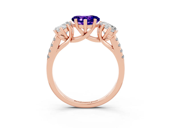 Rose gold Three-Stone Heart Cut Tanzanite Ring with Round  Pavé Band and Prong Setting