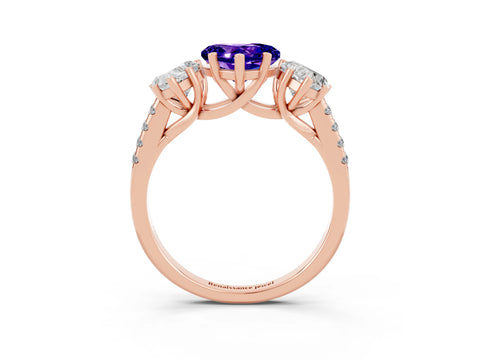 Rose gold Three-Stone Heart Cut Tanzanite Ring with Pavé Band and Prong Setting_15