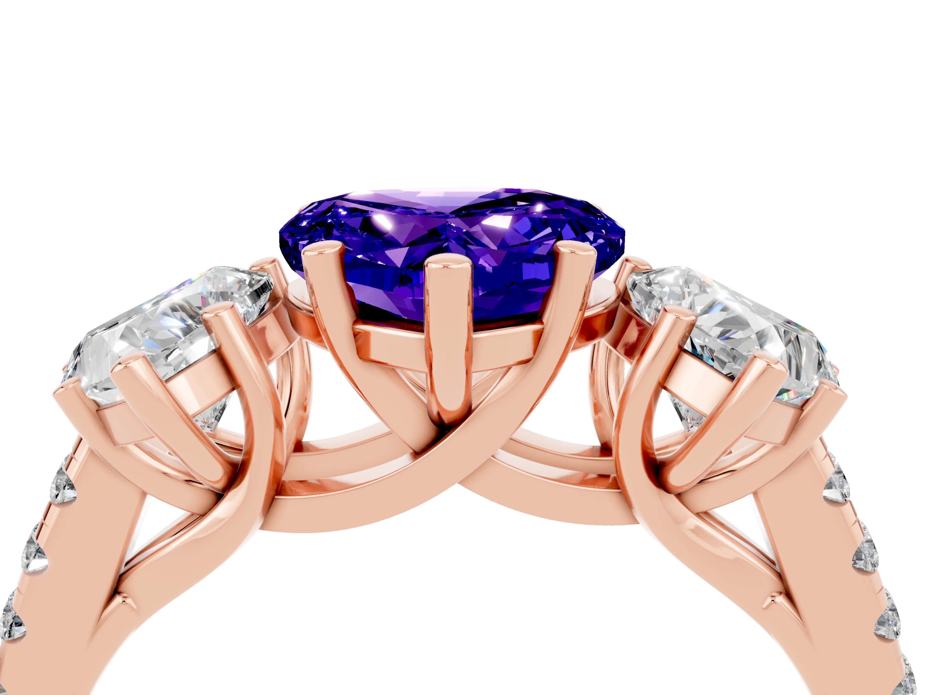 Rose gold Three-Stone Heart Cut Tanzanite Ring with Pavé Band and Prong Setting_16