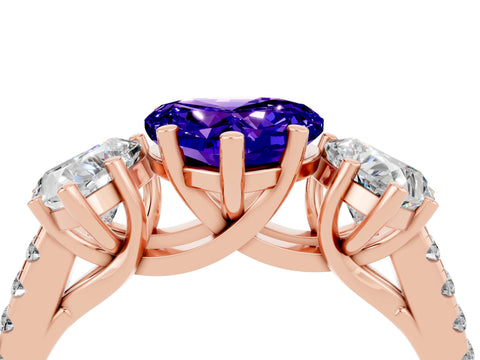 Rose gold Three-Stone Heart Cut Tanzanite Ring with Pavé Band and Prong Setting_16