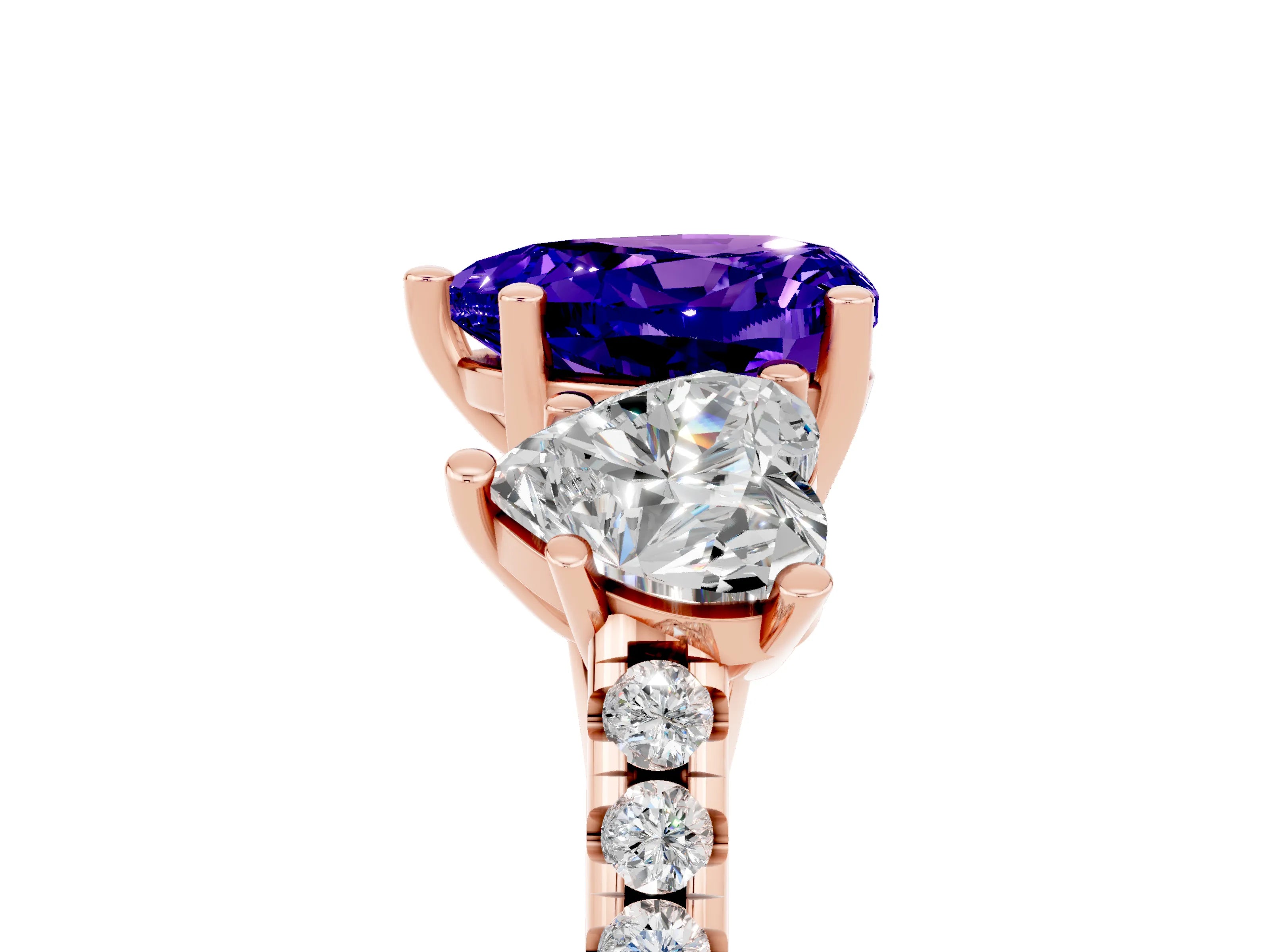 Rose gold Three-Stone Heart Cut Tanzanite Ring with Pavé Band and Prong Setting_17