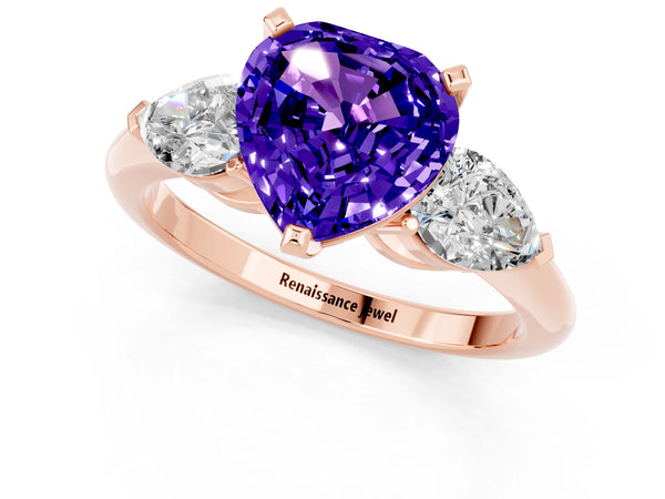 Rose gold Three-Stone Heart Cut Tanzanite Ring with Pear Side Stones and Four-Prong Setting