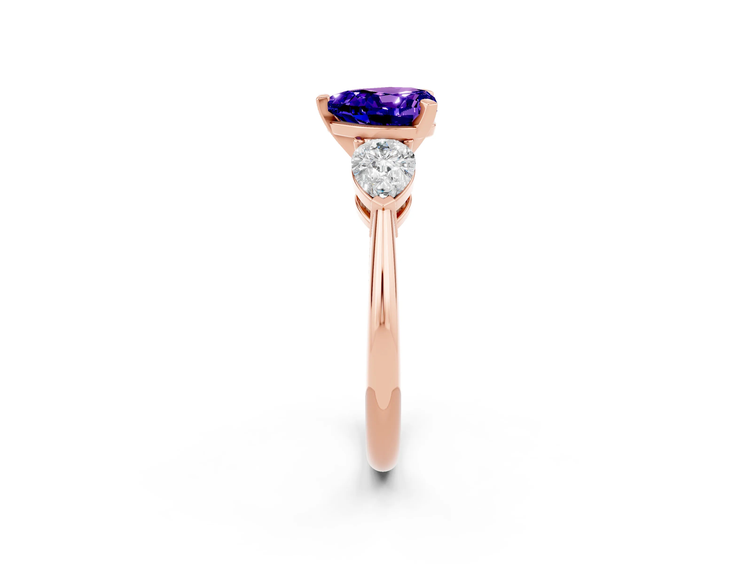 Rose gold Three-Stone Heart Cut Tanzanite Ring with Pear Side Stones and Four-Prong Setting_2
