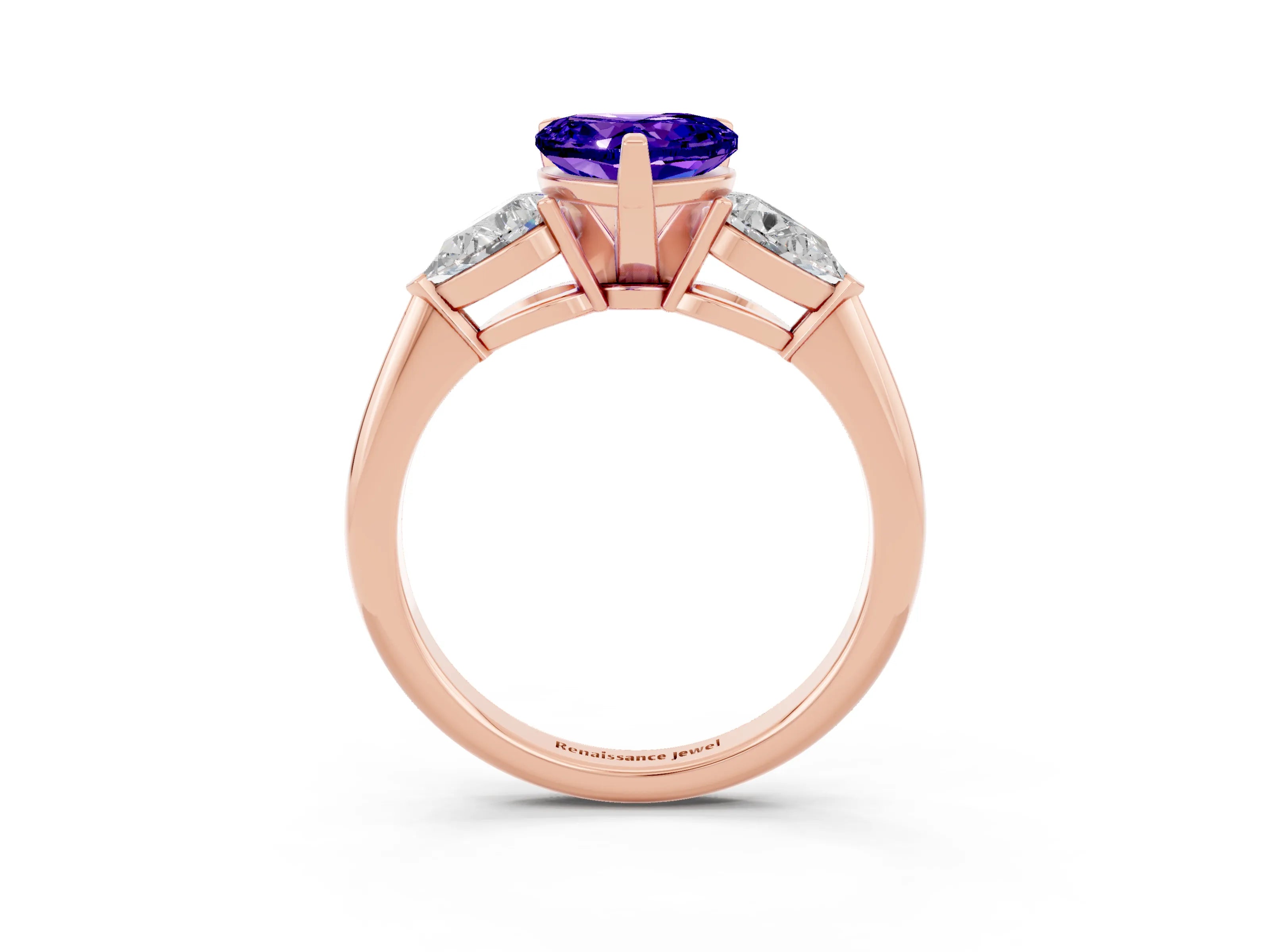 Rose gold Three-Stone Heart Cut Tanzanite Ring with Pear Side Stones and Four-Prong Setting_3