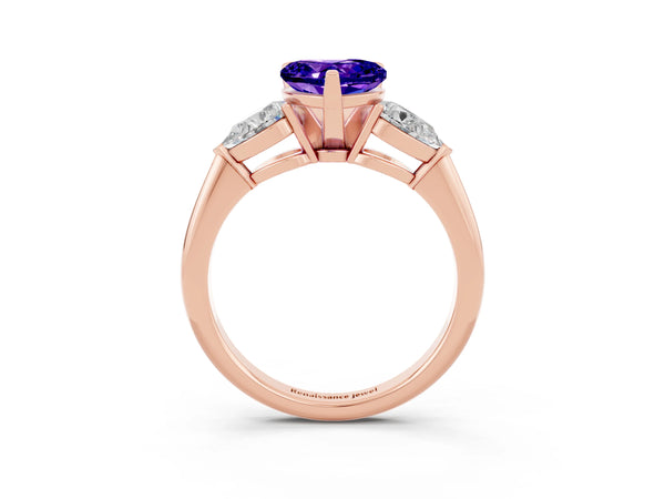 Rose gold Three-Stone Heart Cut Tanzanite Ring with Pear Side Stones and Four-Prong Setting