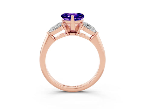 Rose gold Three-Stone Heart Cut Tanzanite Ring with Pear Side Stones and Four-Prong Setting_3