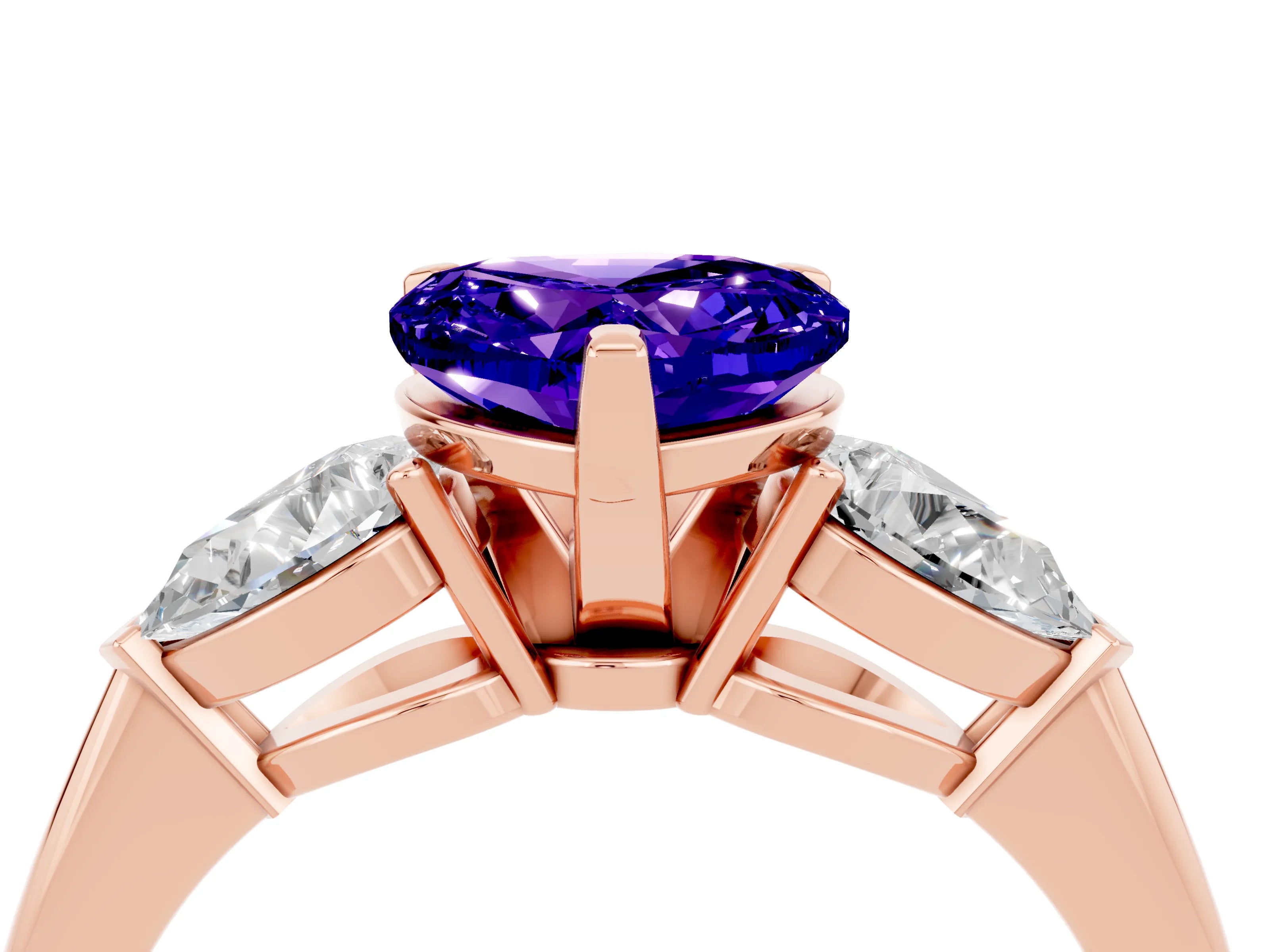 Rose gold Three-Stone Heart Cut Tanzanite Ring with Pear Side Stones and Four-Prong Setting_4