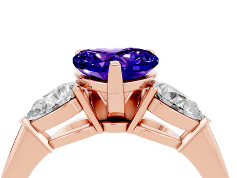 Rose gold Three-Stone Heart Cut Tanzanite Ring with Pear Side Stones and Four-Prong Setting_4