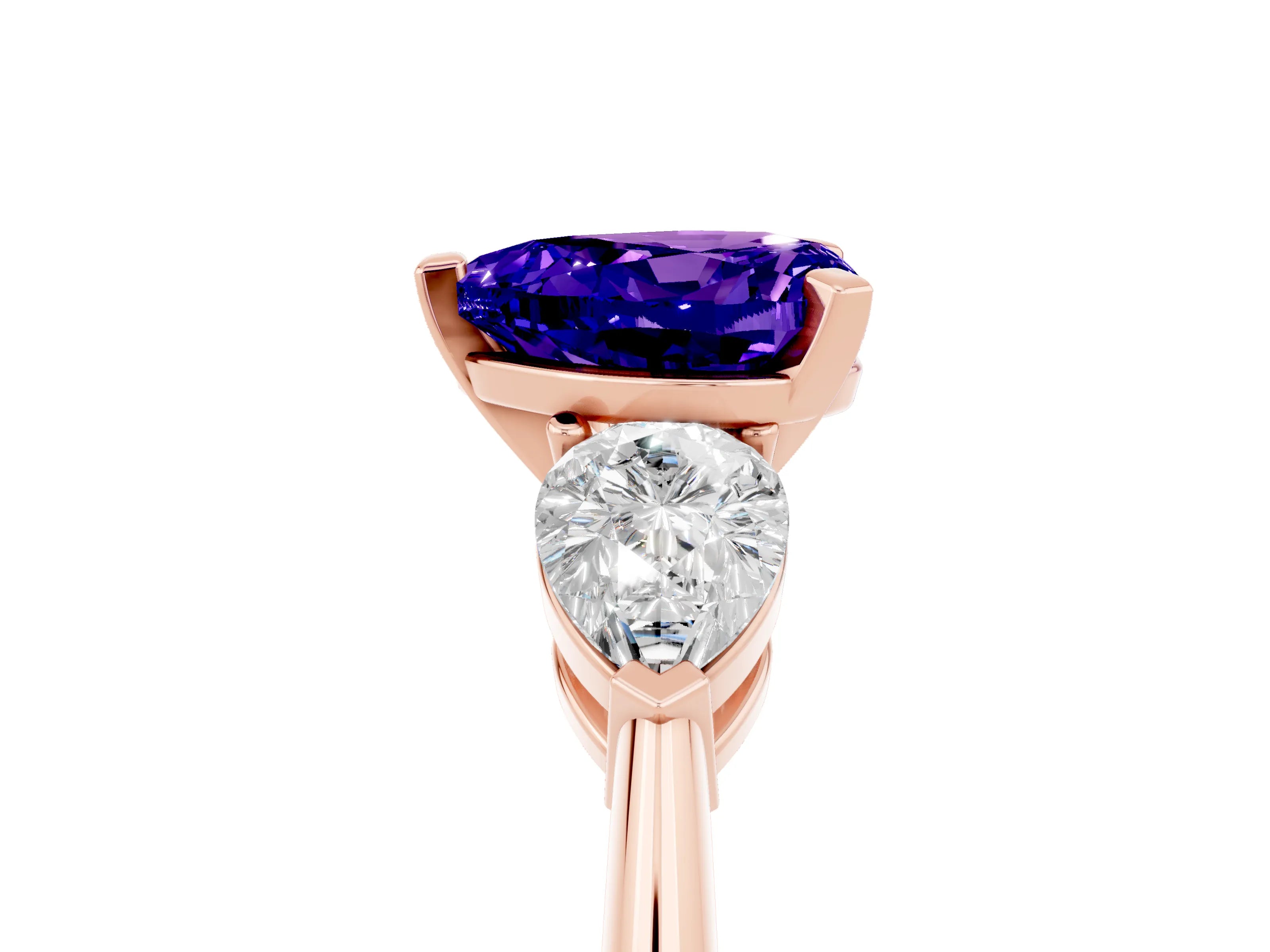 Rose gold Three-Stone Heart Cut Tanzanite Ring with Pear Side Stones and Four-Prong Setting_5