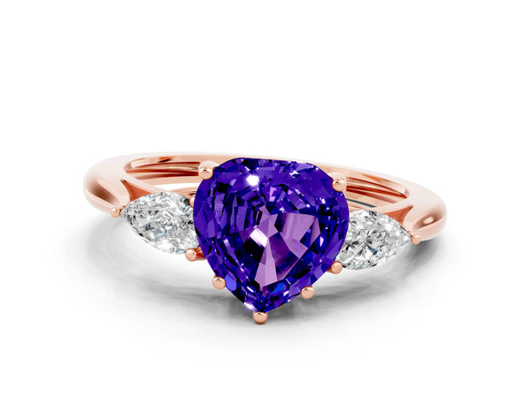 Rose gold Three-Stone Heart Cut Tanzanite Ring with Pear  Side Stones in Four-Prong Setting