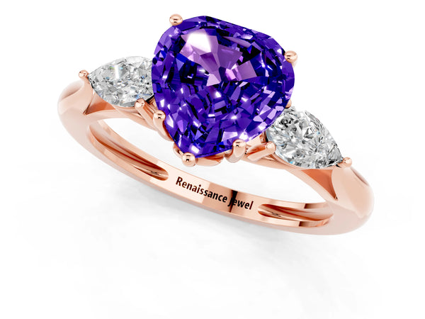 Rose gold Three-Stone Heart Cut Tanzanite Ring with Pear  Side Stones in Four-Prong Setting