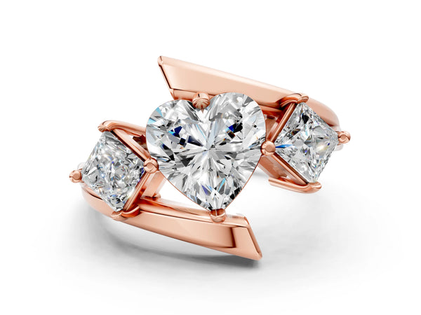 Rose gold Three-Stone Heart Cut Tension Band Ring with Four-Prong Setting