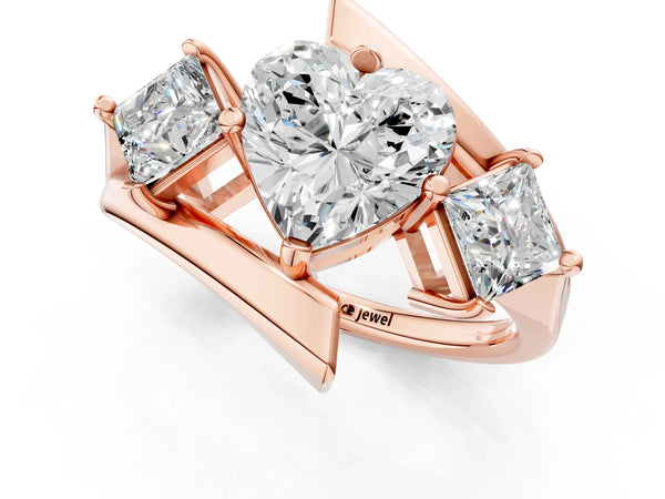 Rose gold Three-Stone Heart Cut Tension Band Ring with Four-Prong Setting
