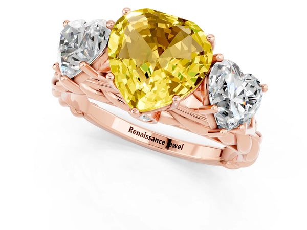 Rose gold Three-Stone Heart Cut Yellow Sapphire Braided Band Ring with Four-Prong Setting