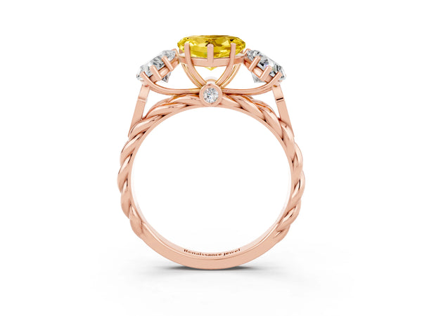 Rose gold Three-Stone Heart Cut Yellow Sapphire Braided Band Ring with Four-Prong Setting