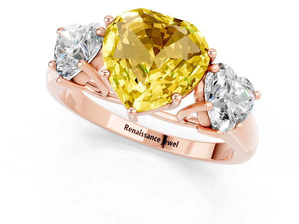 Rose gold Three-Stone Heart Cut Yellow Sapphire Engagement Ring with Prong Setting