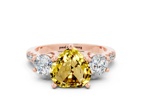 Rose gold Three-Stone Heart Cut Yellow Sapphire Pavé Band with Four-Prong Setting