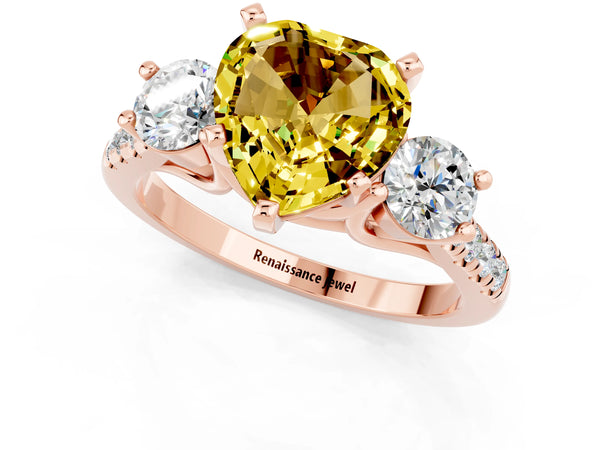 Rose gold Three-Stone Heart Cut Yellow Sapphire Pavé Band with Four-Prong Setting