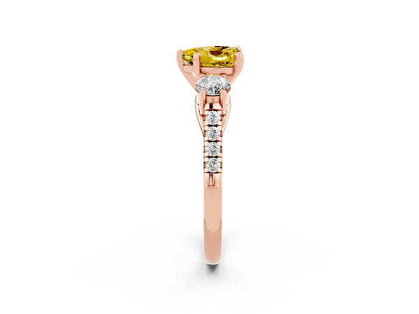 Rose gold Three-Stone Heart Cut Yellow Sapphire Pavé Band with Four-Prong Setting
