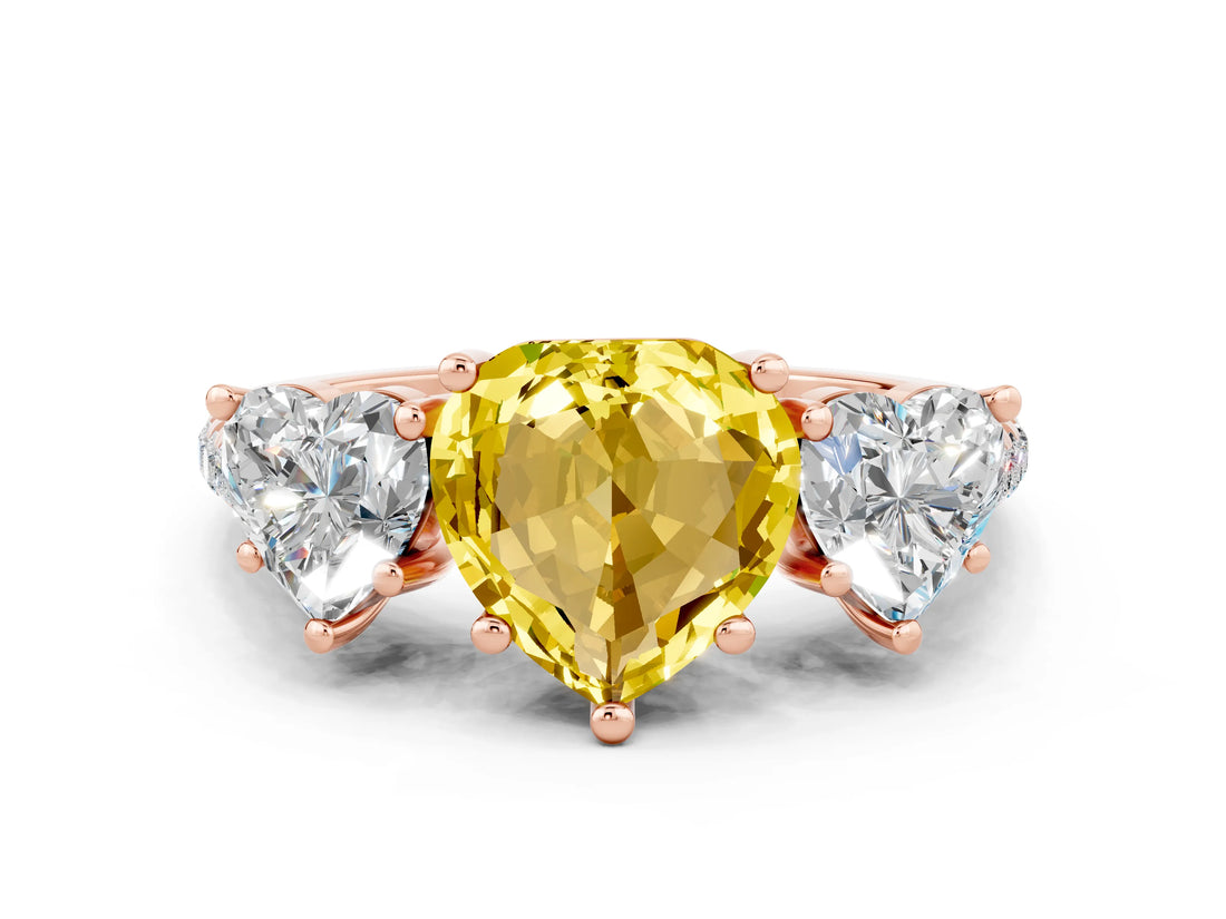 Rose gold Three-Stone Heart Cut Yellow Sapphire Ring with Pavé Band and Prong Setting_36
