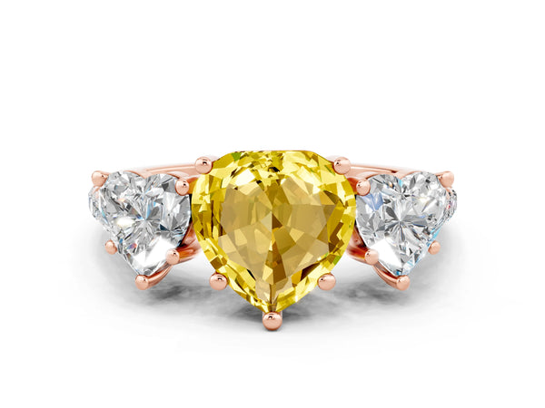 Rose gold Three-Stone Heart Cut Yellow Sapphire Ring with Round  Pavé Band and Prong Setting