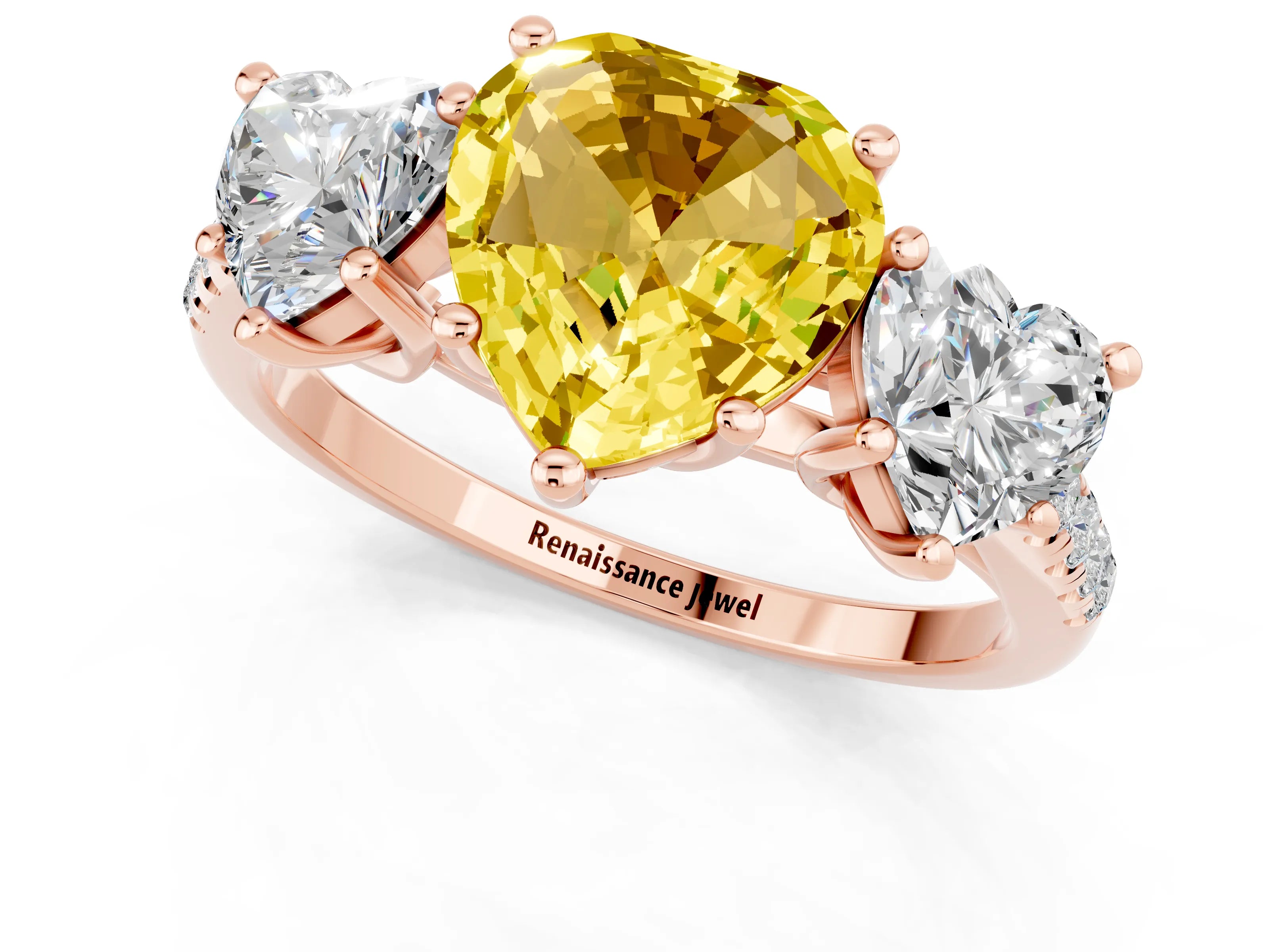 Rose gold Three-Stone Heart Cut Yellow Sapphire Ring with Pavé Band and Prong Setting_37