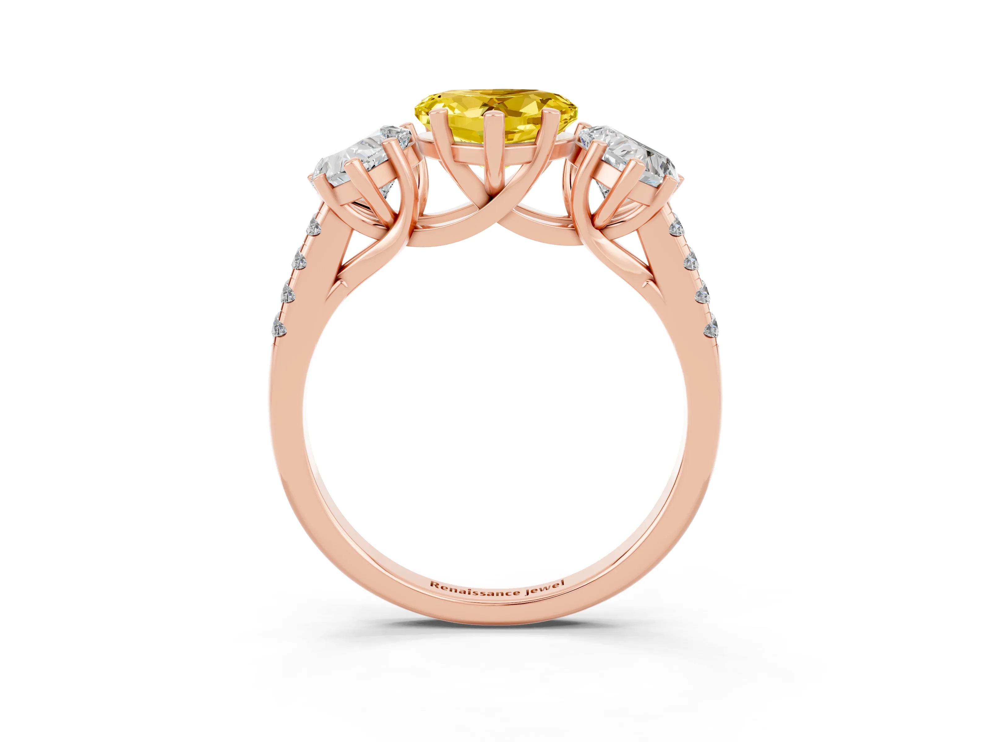Rose gold Three-Stone Heart Cut Yellow Sapphire Ring with Pavé Band and Prong Setting_39