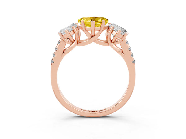 Rose gold Three-Stone Heart Cut Yellow Sapphire Ring with Round  Pavé Band and Prong Setting