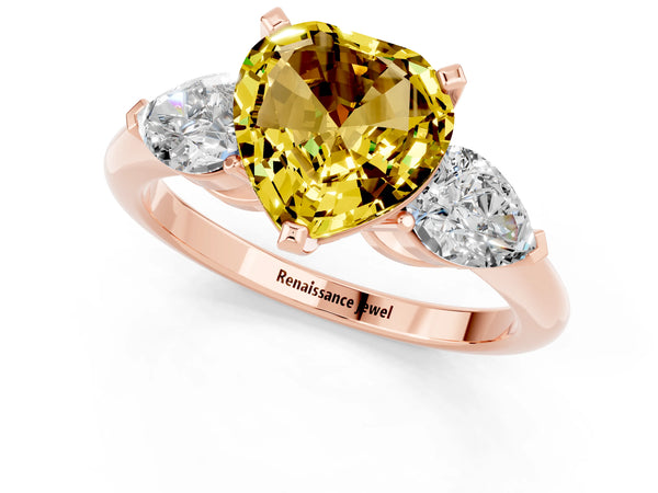 Rose gold Three-Stone Heart Cut Yellow Sapphire Ring with Pear Side Stones and Four-Prong Setting