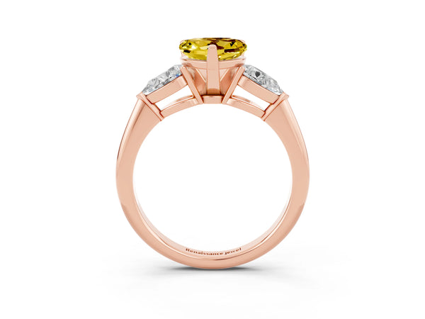 Rose gold Three-Stone Heart Cut Yellow Sapphire Ring with Pear Side Stones and Four-Prong Setting