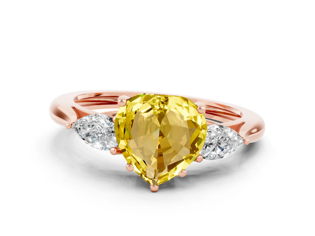 Rose gold Three-Stone Heart Cut Yellow Sapphire Ring with Pear  Side Stones in Four-Prong Setting_12