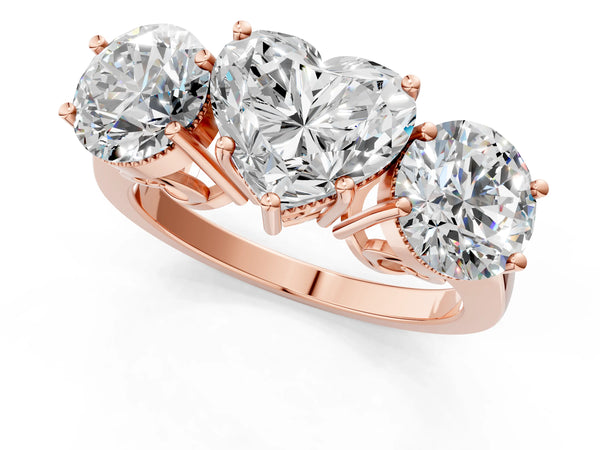Rose Gold Heart-Shaped Vintage Three Stone Engagement Ring Setting with Milgrain Baskets