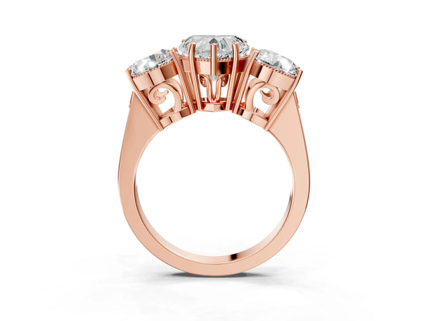 Rose Gold Heart-Shaped Vintage Three Stone Engagement Ring Setting with Milgrain Baskets