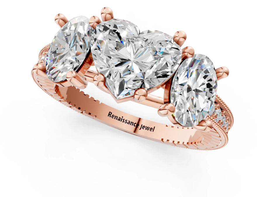 Rose gold Three-Stone Heart Diamond Milgrain Pave Band with Prong Setting