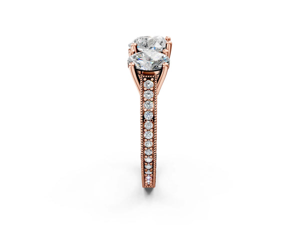 Rose gold Three-Stone Heart Diamond Milgrain Pave Band with Prong Setting
