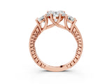 Rose gold Three-Stone Heart Diamond Milgrain Pave Band with Prong Setting 3